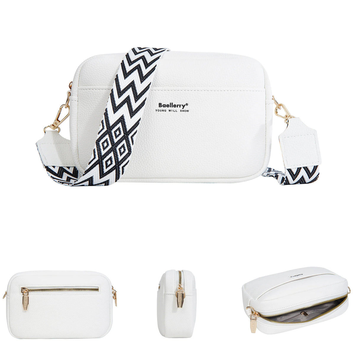 White leather zipper shoulder bag with a black and white chevron pattern strap