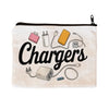 A beige pouch with black text reading Chargers, featuring various electronic cables and power adapters.