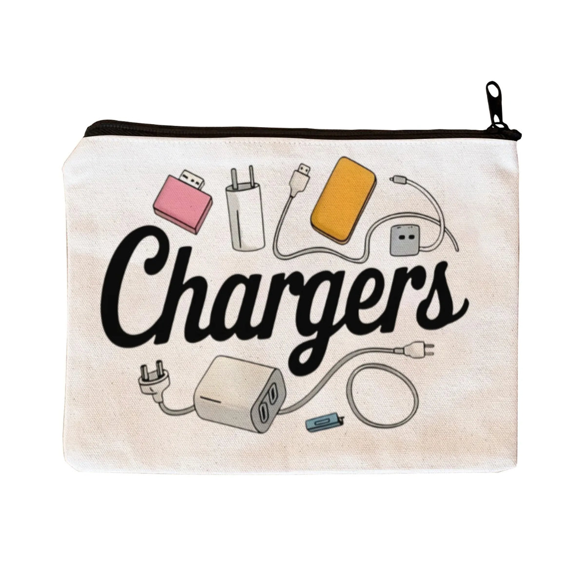 A beige pouch with black text reading Chargers, featuring various electronic cables and power adapters.