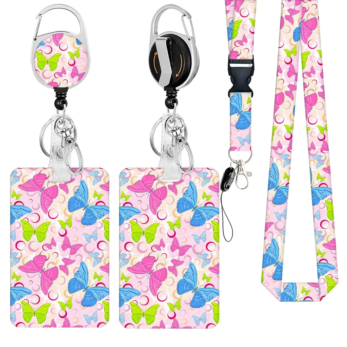 A set of pink and blue butterfly patterned retractable badge reels with silver clasps and black neck straps.