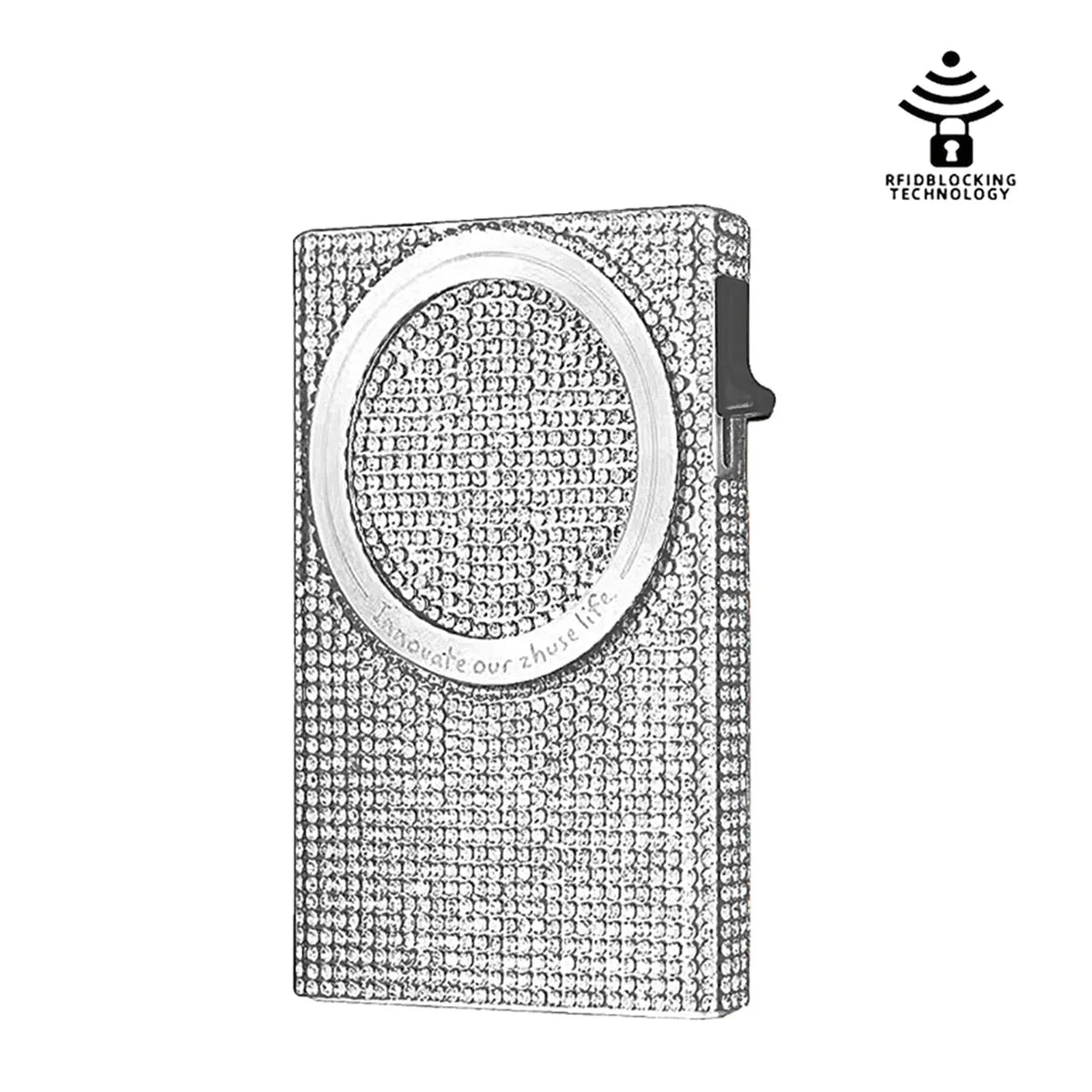A silver magnetic card holder wallet with a textured surface and a clear circular window.