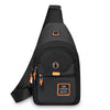 Black compact oxford crossbody sling bag with orange accents and a padded strap.