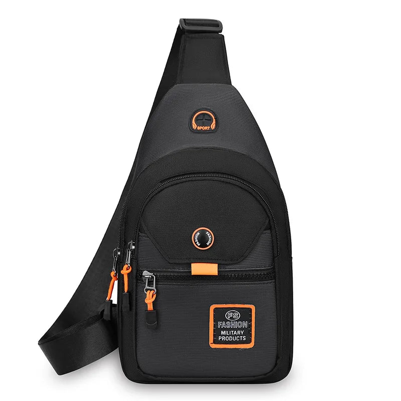 Black compact oxford crossbody sling bag with orange accents and a padded strap.