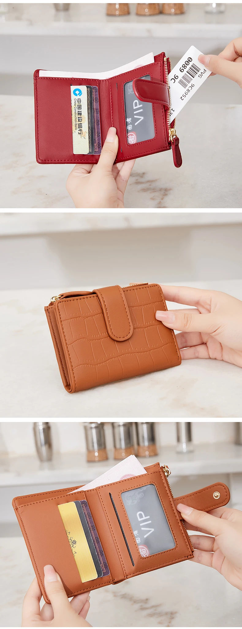A close-up of a brown PU leather bifold wallet with a zipper closure and VIP branding being held by a hand.