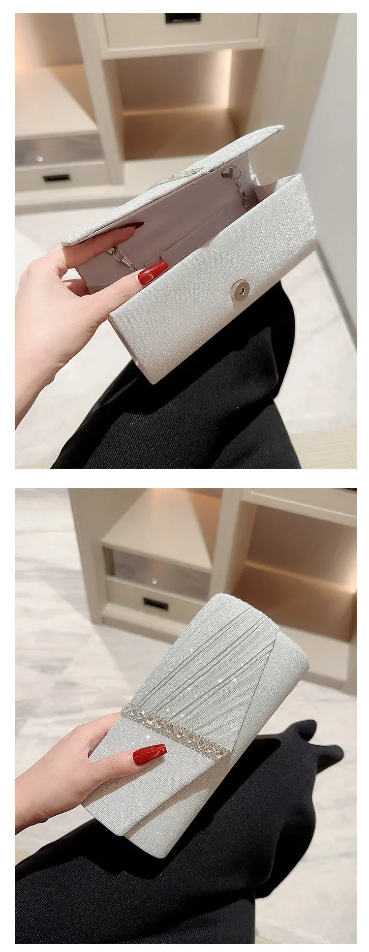 Eine Hand hält eine elegante silberne Ketten-Shoulderclutch mit strukturierter Oberfläche vor dunklem Hintergrund.