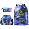 A blue and purple Minecraft themed backpack set featuring a pouch and a main bag with character designs.