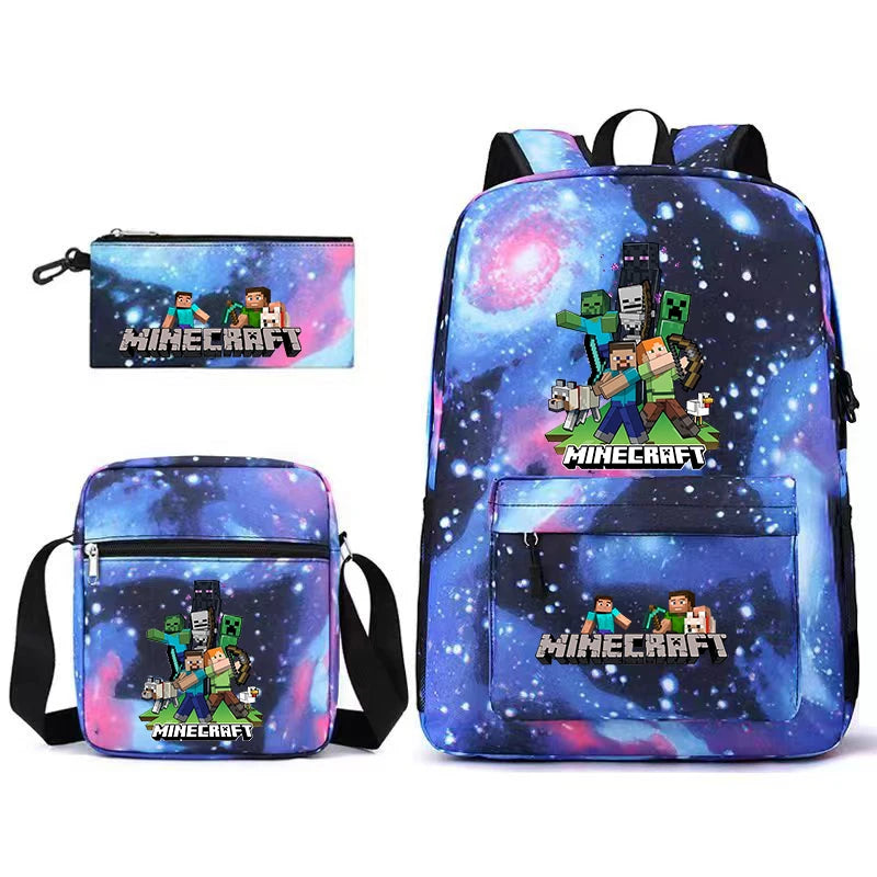 A blue and purple Minecraft themed backpack set featuring a pouch and a main bag with character designs.