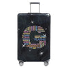 A black stretch fabric luggage protection cover with silver handles and wheels.