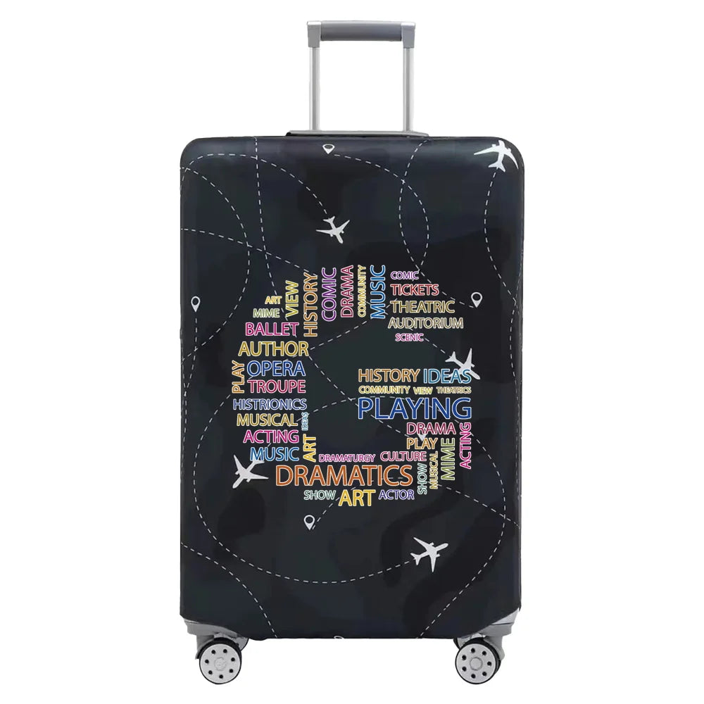 A black stretch fabric luggage protection cover with silver handles and wheels.