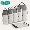A set of six gray and white expandable compression packing cubes displayed on a white background.