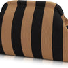 A striped knit clutch bag featuring alternating black and beige horizontal stripes.