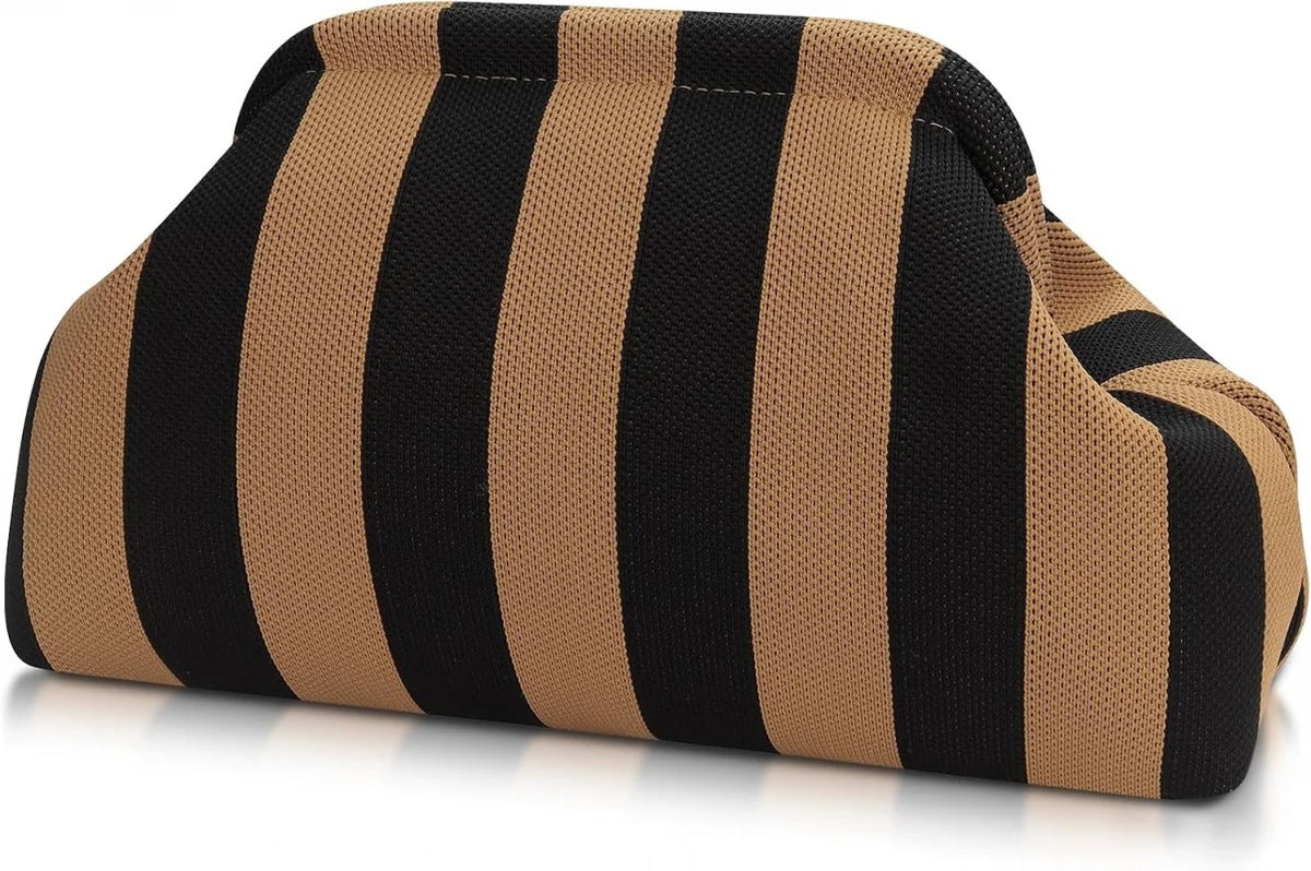 A striped knit clutch bag featuring alternating black and beige horizontal stripes.