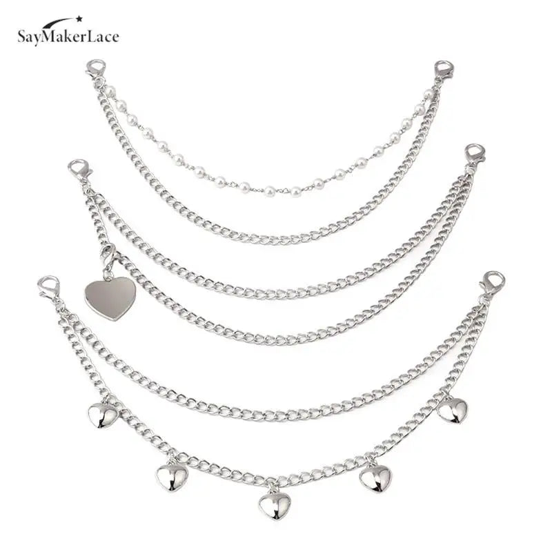 A multi-layer silver metal chain strap for a shoulder bag or charm.