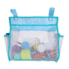 A light blue mesh bag with handles and a clear window filled with colorful bath toys