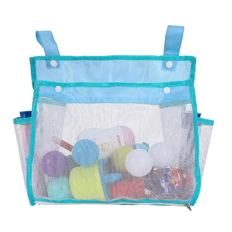 A light blue mesh bag with handles and a clear window filled with colorful bath toys