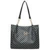 Black geometric monogram tote bag with gold hardware and black leather strap