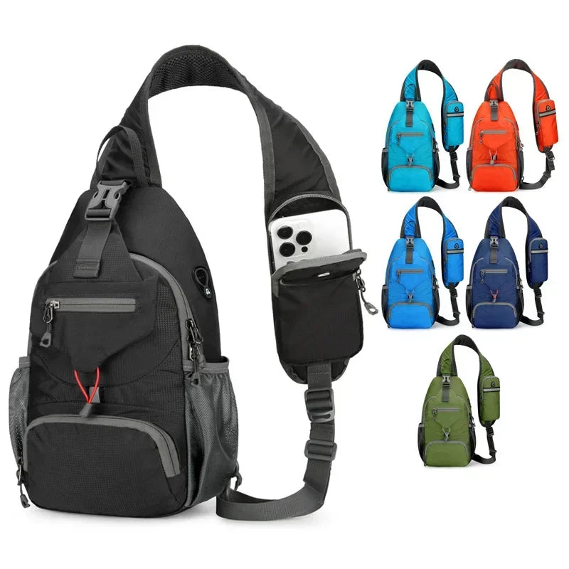 A black nylon chest sling bag and several colored fabric slings displayed together.