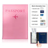 A pink leather passport holder with a flap, showing various documents like a vaccine card, passport, credit card, SIM card, c