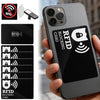 A hand holds a smartphone displaying an RFID blocking card feature for protection.