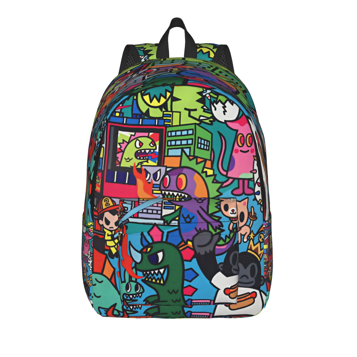 A colorful, patterned sport backpack featuring cartoon characters and vibrant greens and pinks.