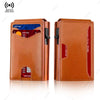 A brown leather wallet with a card slot and RFID protection features shown in a studio setting.