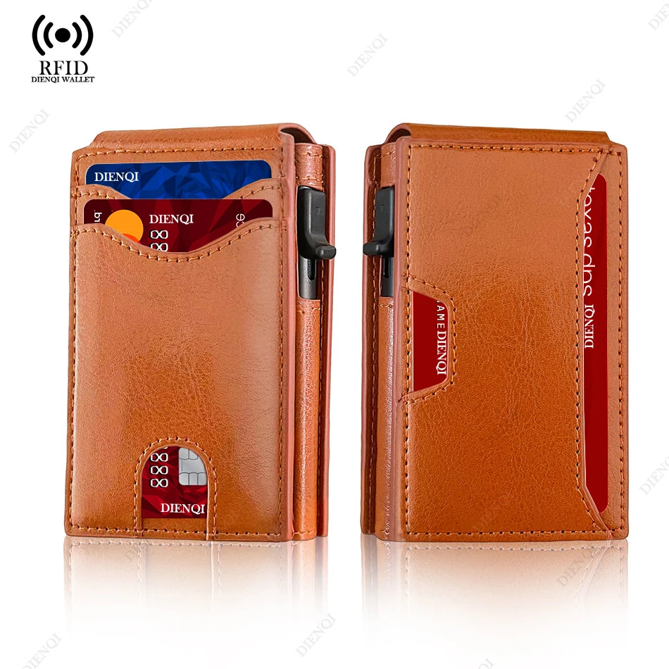 A brown leather wallet with a card slot and RFID protection features shown in a studio setting.
