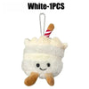 White bread shaped plush keychain with a striped ribbon attached.
