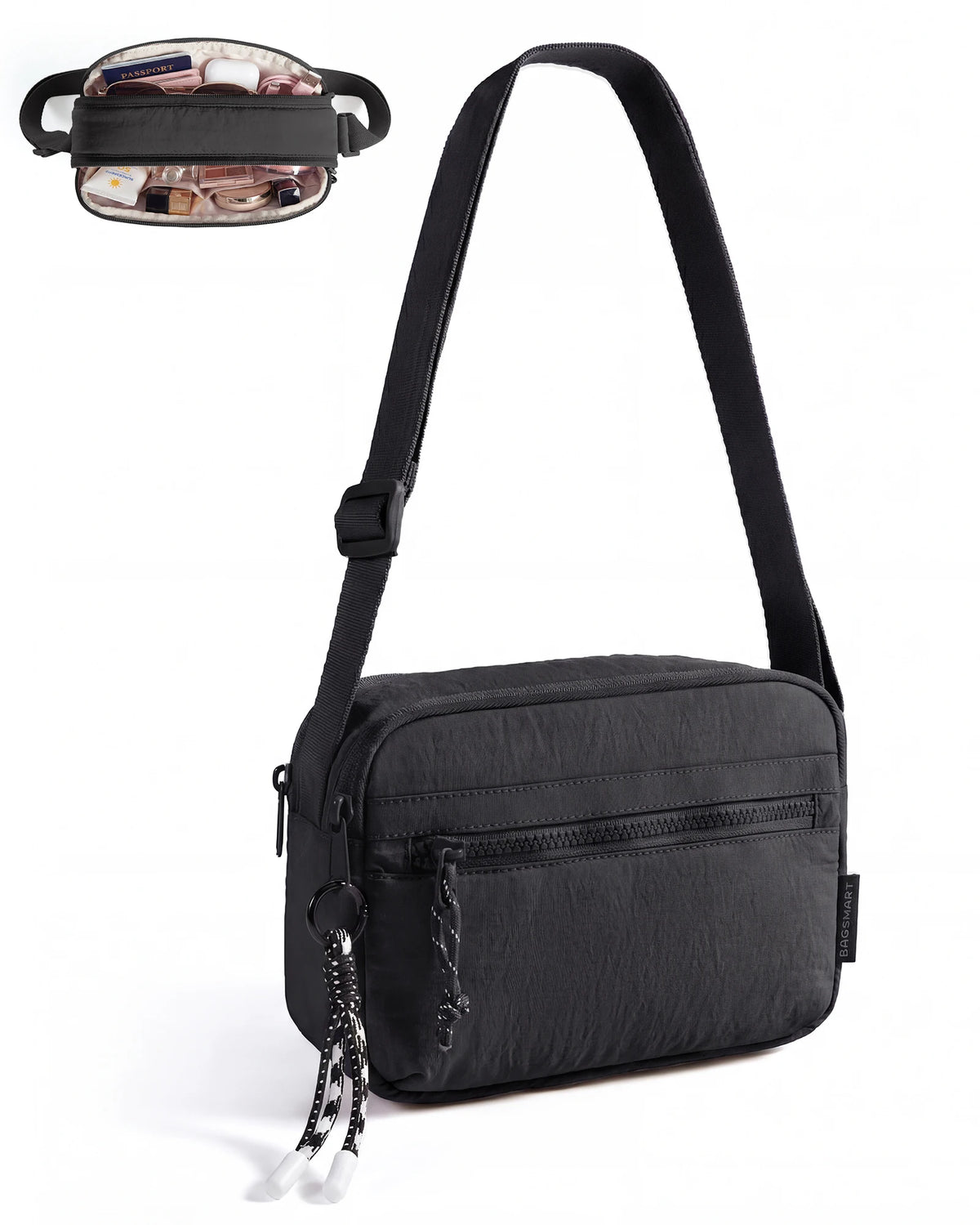 Black crossbody shoulder bag with a leather flap and chain detail.