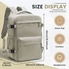 A beige travel compression backpack shown with size display details including dimensions and features like a 11 inch pad, cam