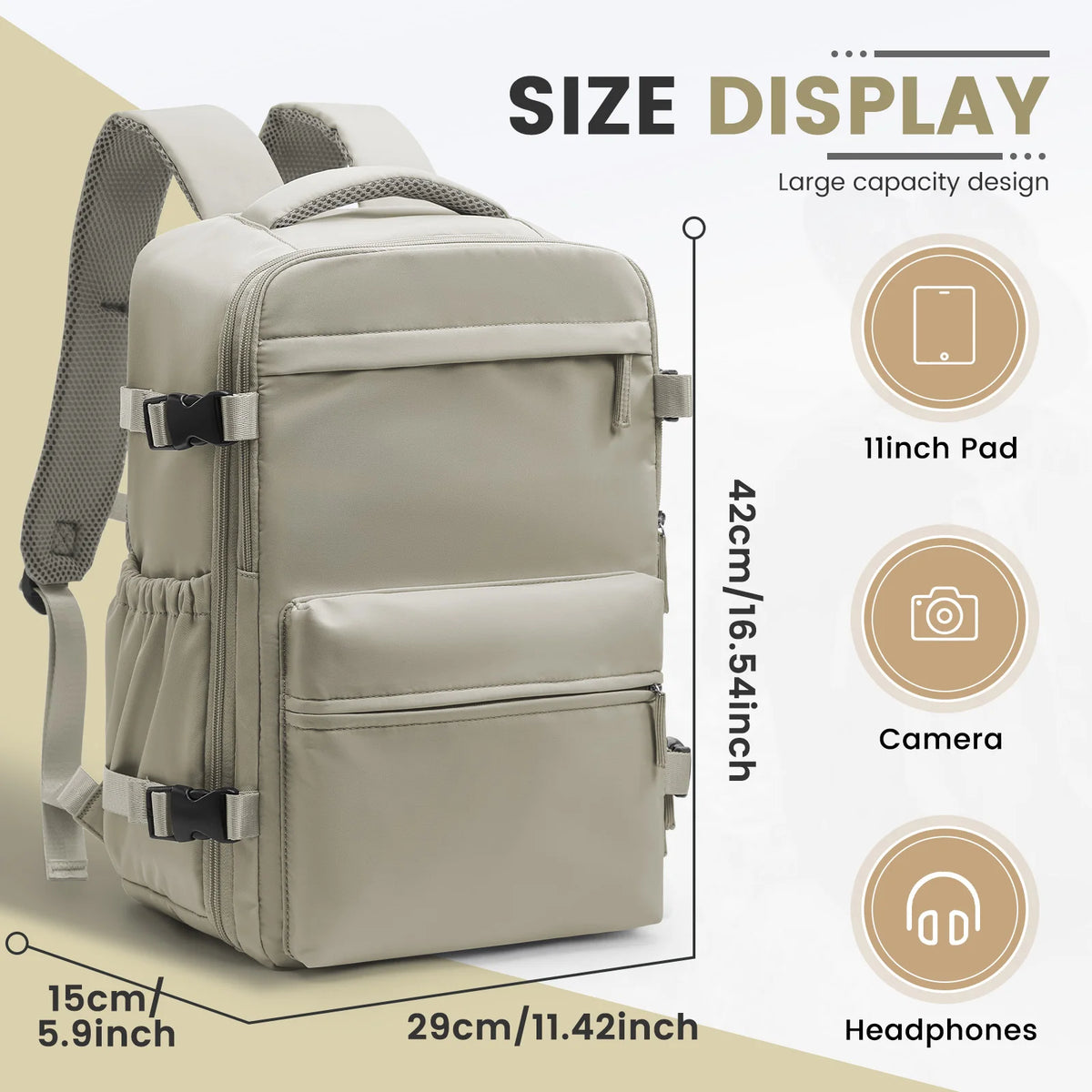 A beige travel compression backpack shown with size display details including dimensions and features like a 11 inch pad, cam