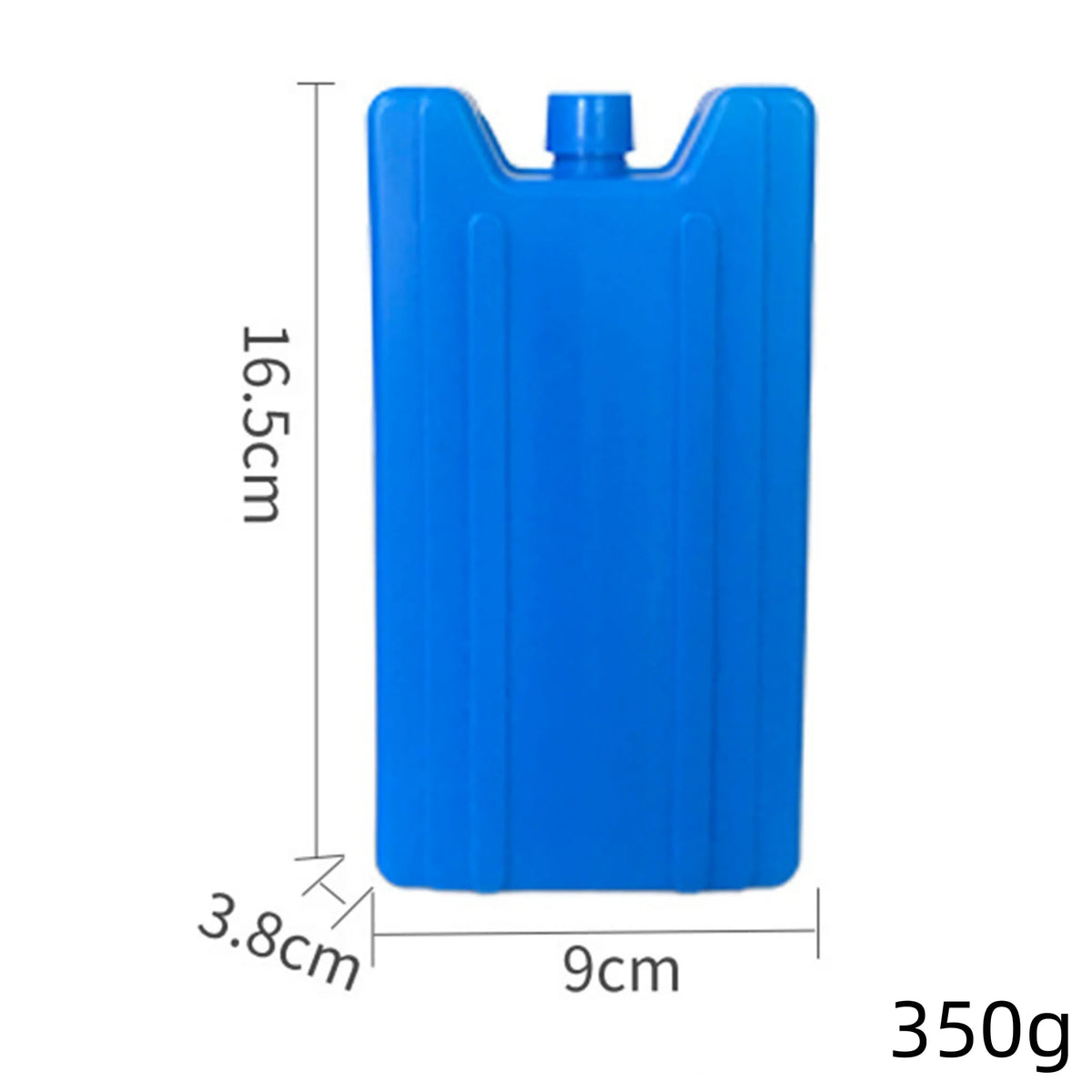 A blue reusable ice pack with a spout, measuring 16.5 cm high and 9 cm wide, weighing 350g.