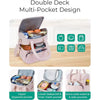 A pink double deck multi-pocket insulated quilted lunch bag showing various interior compartments.