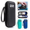 Black insulin cooler travel case with a digital thermometer and a teal accessory.