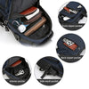 A navy blue multifunctional chest bag shown with various pockets including front, back, interior, and side mesh compartments.