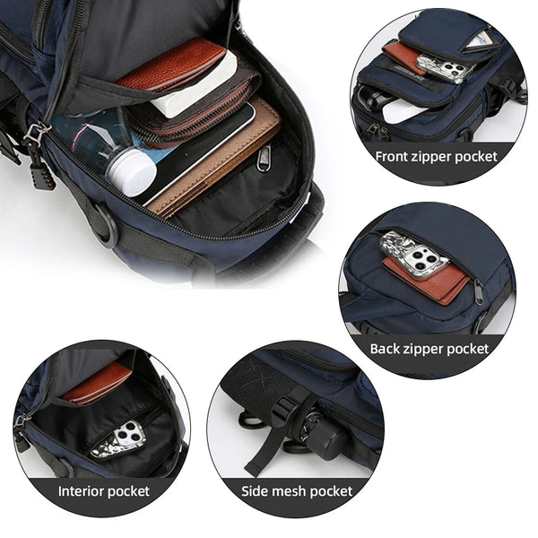 Sac multifonction bleu marine avec plusieurs poches : avant, arrière, intérieur et mailles latérales.