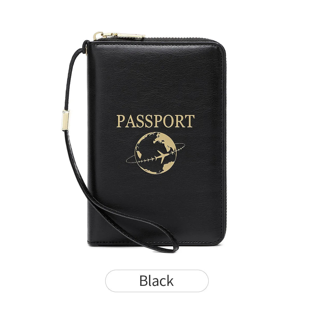 A black passport holder wallet with a wrist strap and an embossed globe design.