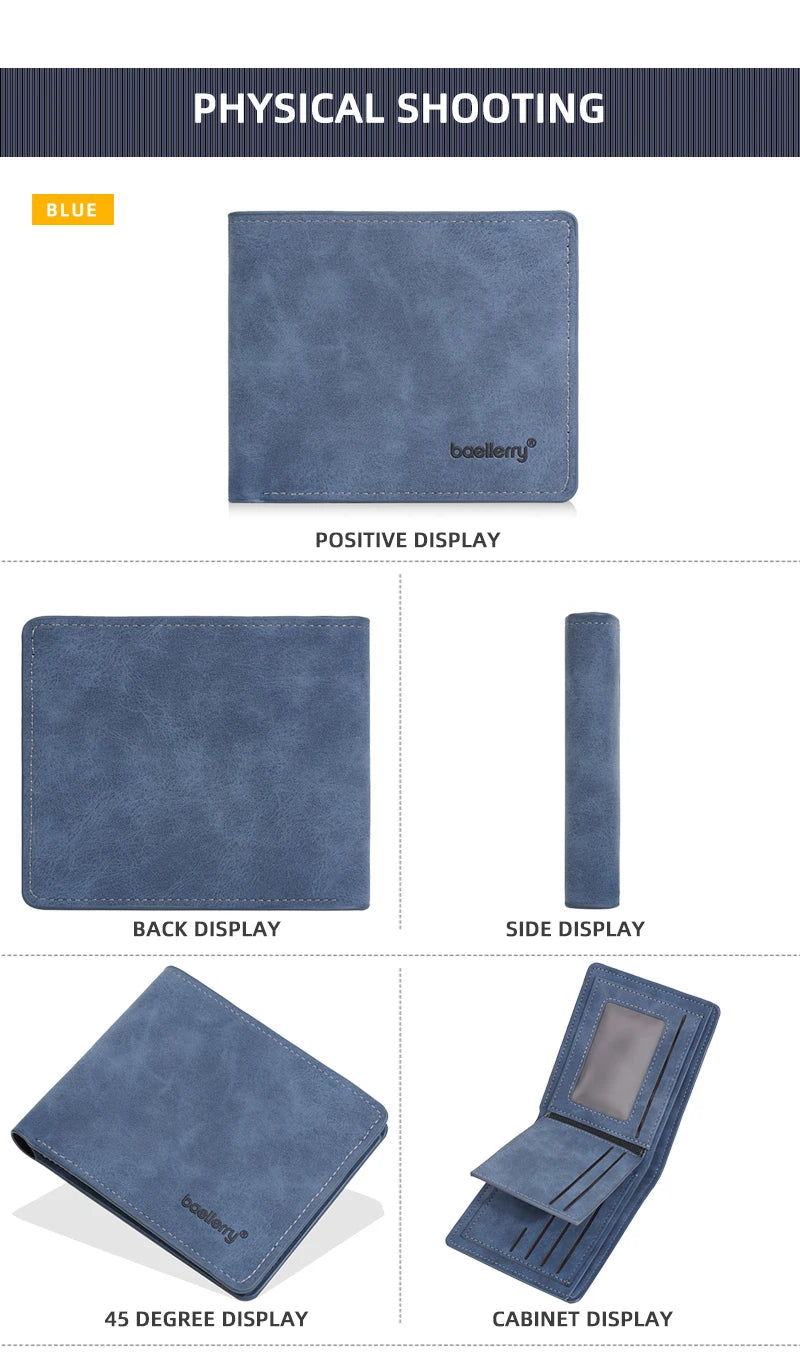 Portefeuille en cuir bleu avec différentes options d'affichage : positif, arrière, côté, 45 degrés et placard.