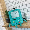 A teal cartoon robot backpack with black accents is displayed on a wooden shelf against a white tiled background.