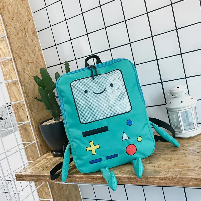 A teal cartoon robot backpack with black accents is displayed on a wooden shelf against a white tiled background.