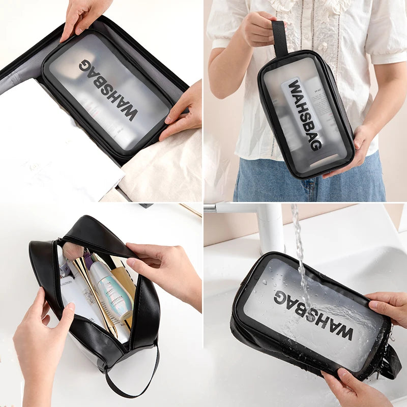 A black waterproof toiletry bag with the word WASHBAG printed on it is shown being held and used.