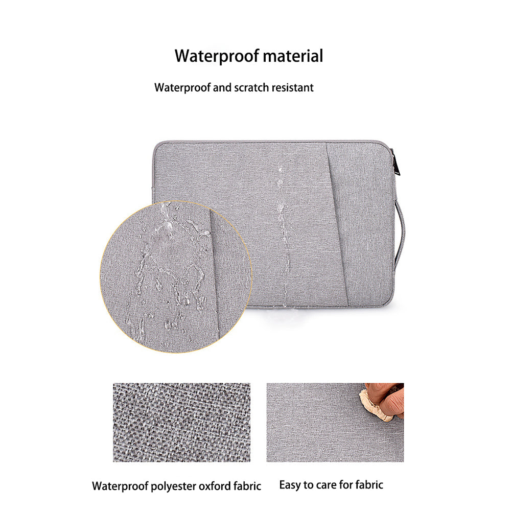 A gray waterproof and scratch resistant laptop sleeve made from polyester oxford fabric.