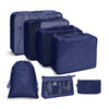 A set of dark blue fabric storage organizers and pouches for organizing various items.