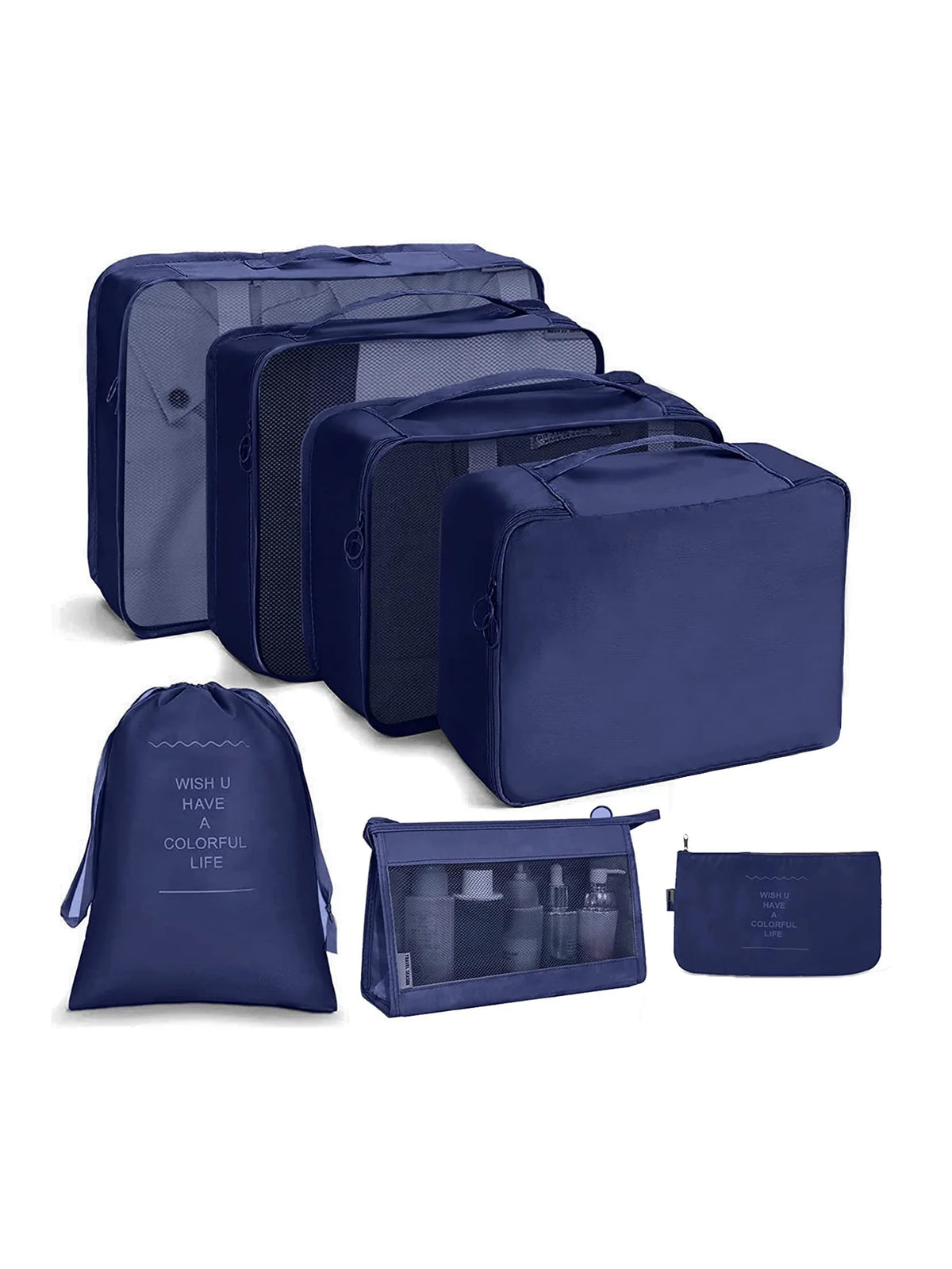 A set of dark blue fabric storage organizers and pouches for organizing various items.