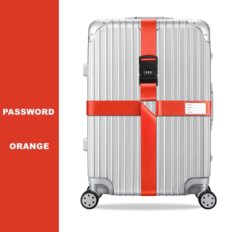 Silver rolling suitcase with orange cross straps and a red handle.