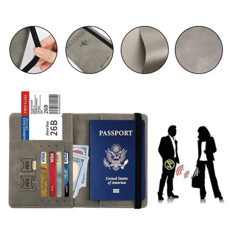 Un ensemble de porte-passeport et d'identité RFID, incluant un portefeuille et un porte-cartes, avec accessoires associés.