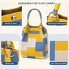 Yellow and blue geometric colorblock knitted bucket bag with a detachable rope handle