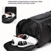 A black travel duffel bag with an independent compartment for shoe storage, showing a pair of white and red sneakers inside.