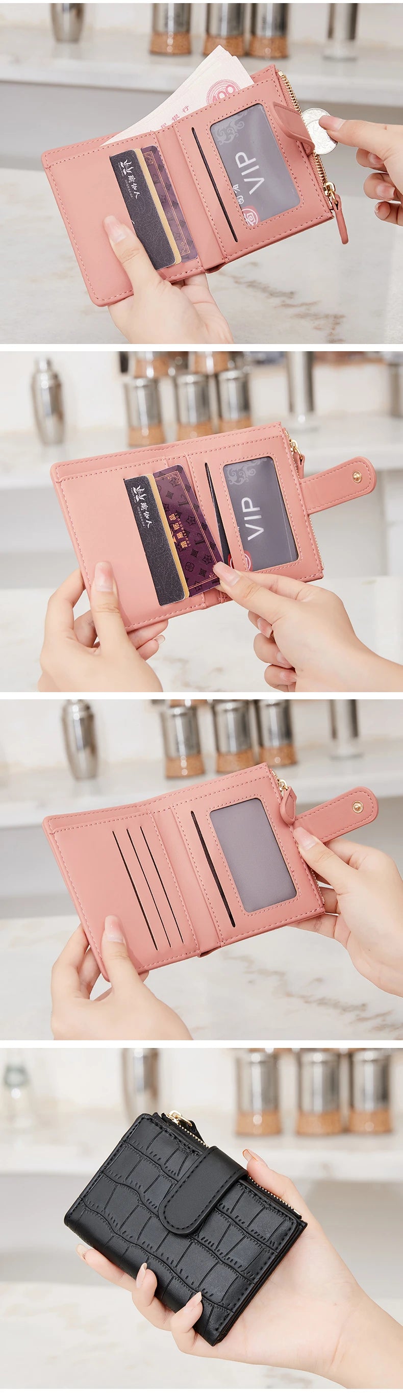 A pink PU leather bifold wallet with a zipper closure is shown being held by hands.