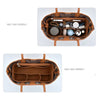 A brown felt insert liner for a handbag, shown in two configurations: an organized compartment view and a separate folded lin