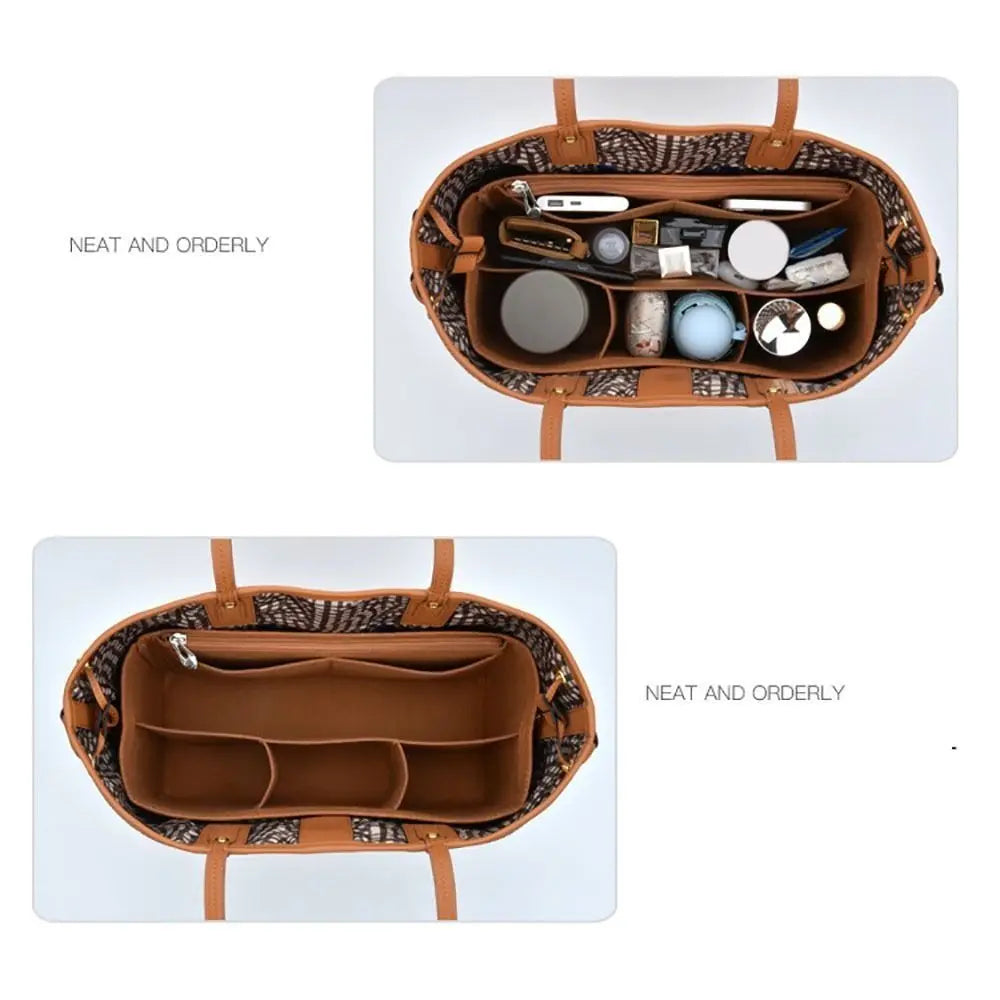 A brown felt insert liner for a handbag, shown in two configurations: an organized compartment view and a separate folded lin